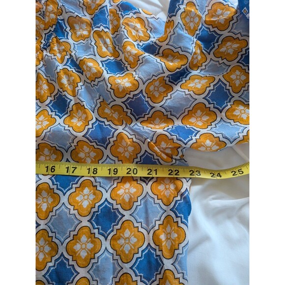 Ann Taylor Factory Blouse Womens L Blue Yellow Tile Floral Boho Hippie Top Tunic - Picture 11 of 12